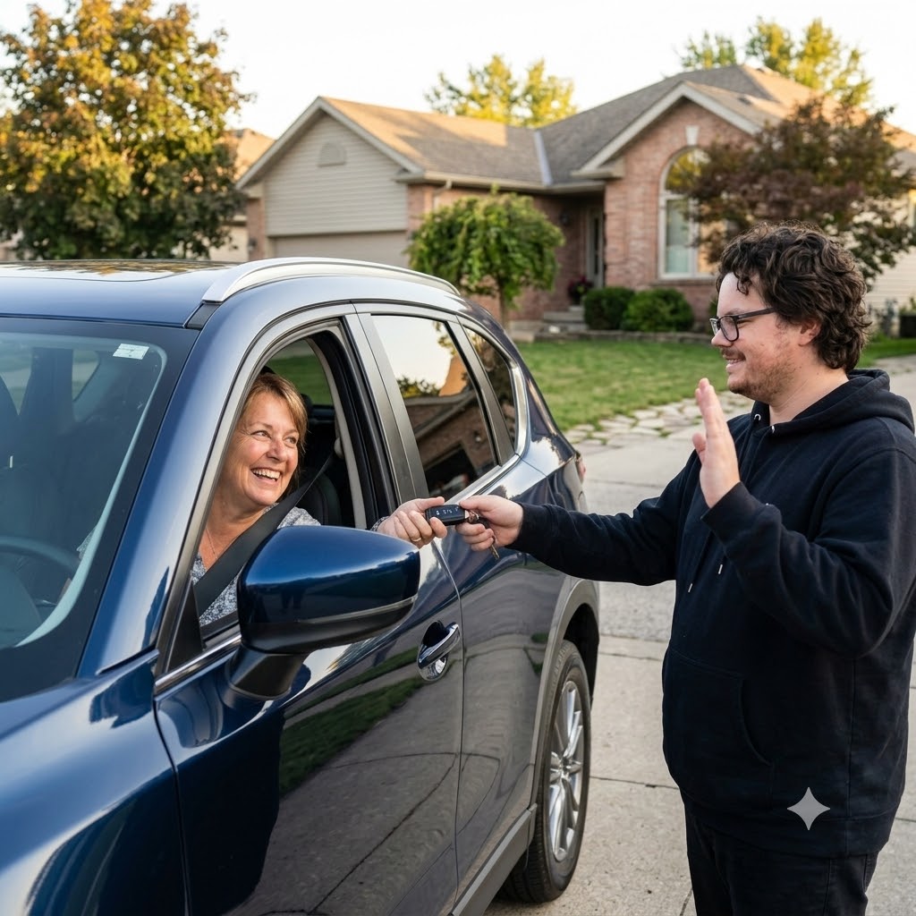 A man handing keys to a customer beside a delivered vehicle