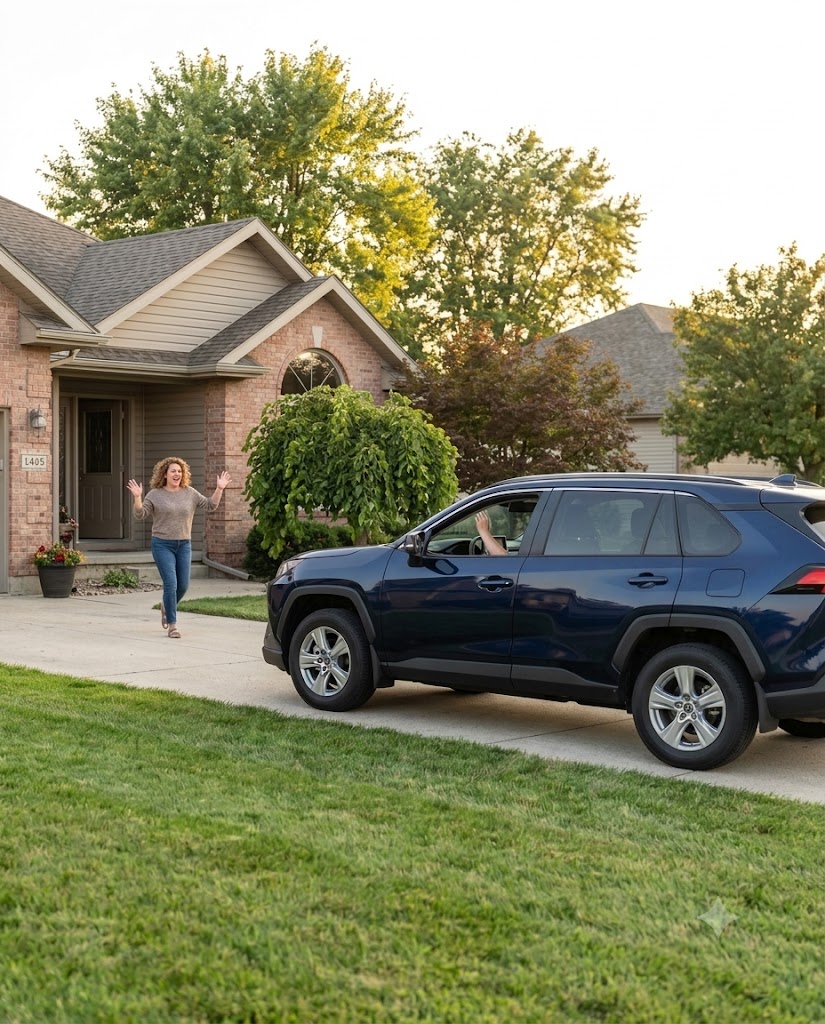 A vehicle being delivered to a customer at their home
