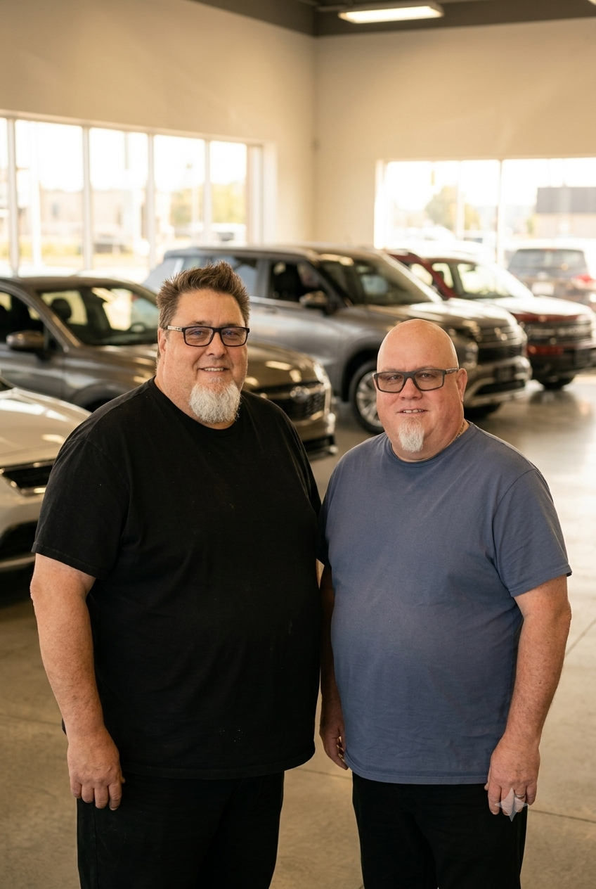 Two men standing side by side in front of a vehicle