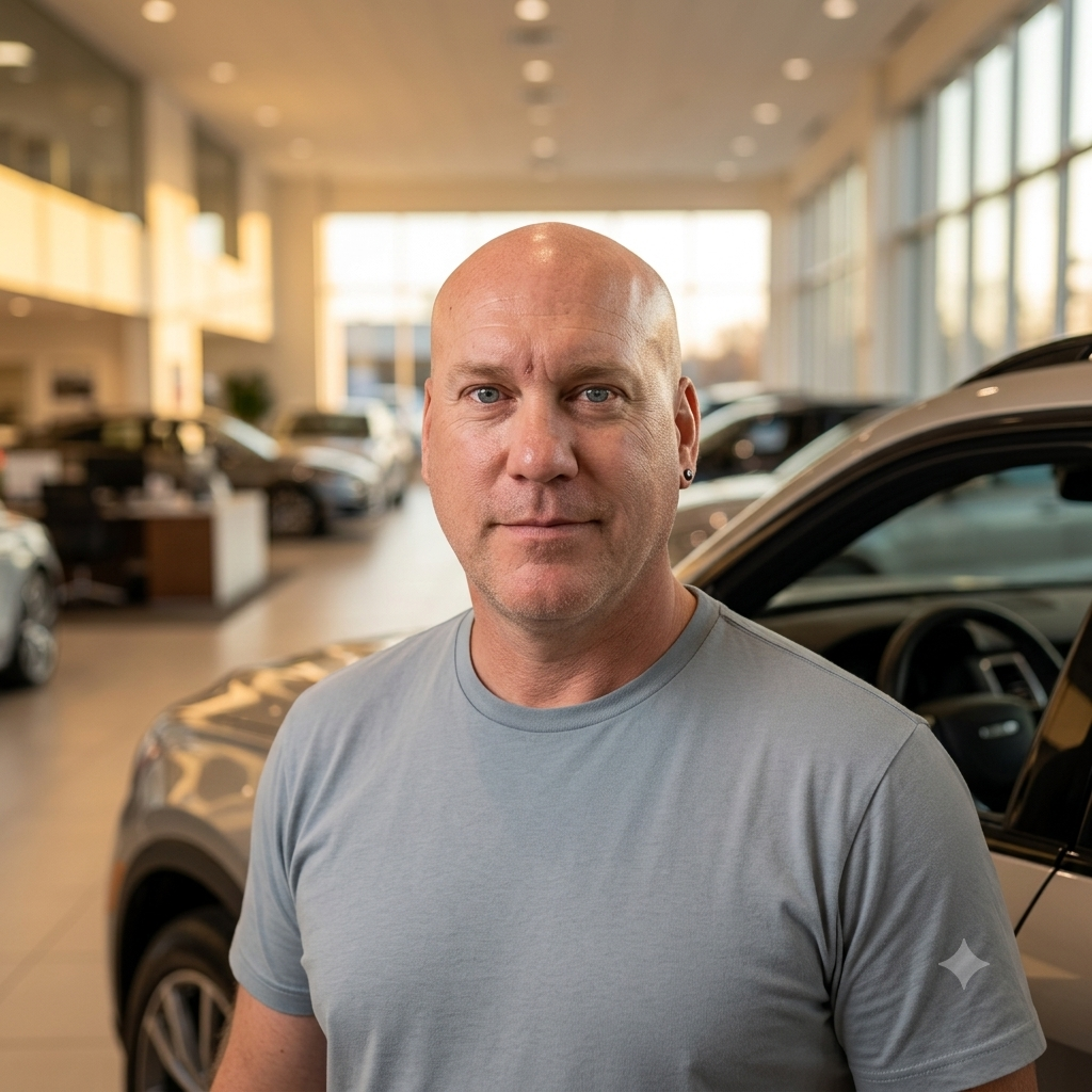 A man in a dark jacket standing beside a vehicle